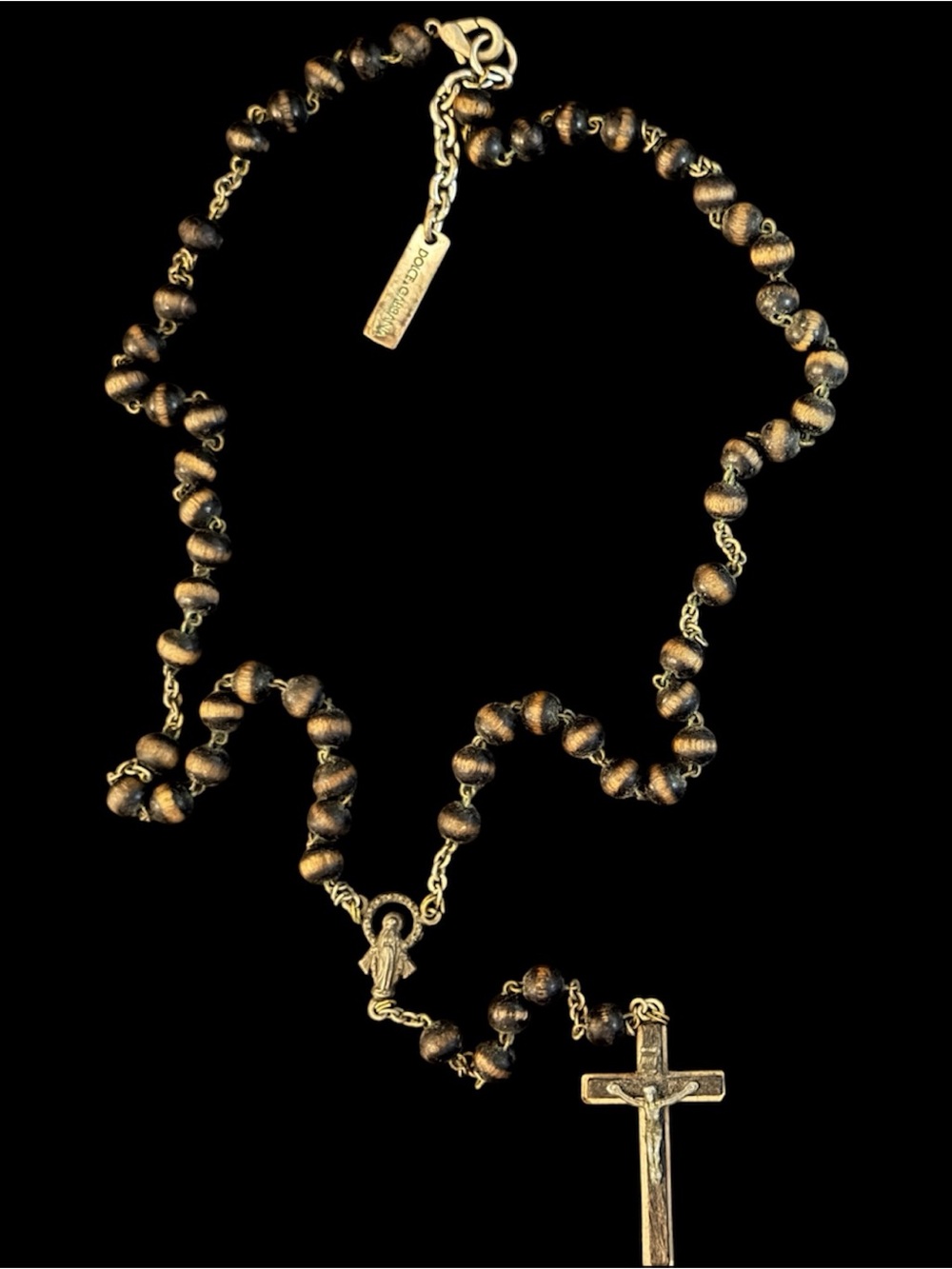 Vintage Dolce & Gabbana Wood Bead Rosary Necklace Crucifix DG Logo Plate Y2K